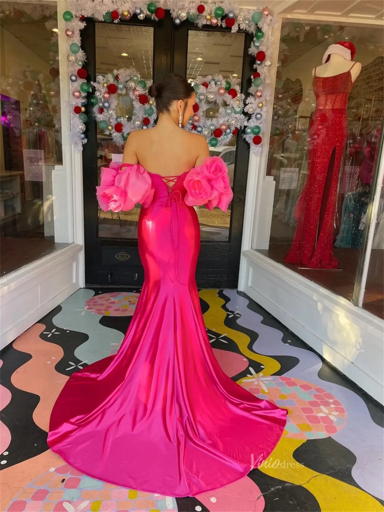 Fuchsia Satin Sheath Prom Dresses with Slit & Ruffled Flower Puffed Sleeve - FD6043 - Viniodressprom dressesFuchsiaCustom Size - Formal Dresses - Ball Gowns