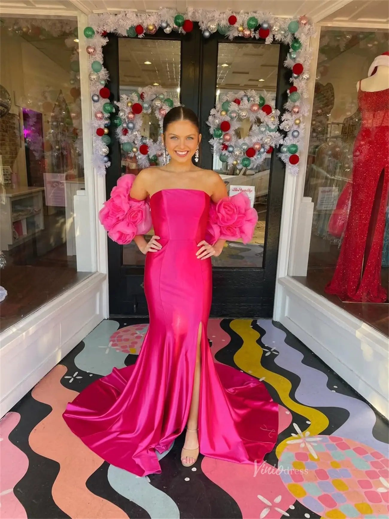 Fuchsia Satin Sheath Prom Dresses with Slit & Ruffled Flower Puffed Sleeve - FD6043 - Viniodressprom dressesFuchsiaCustom Size - Formal Dresses - Ball Gowns