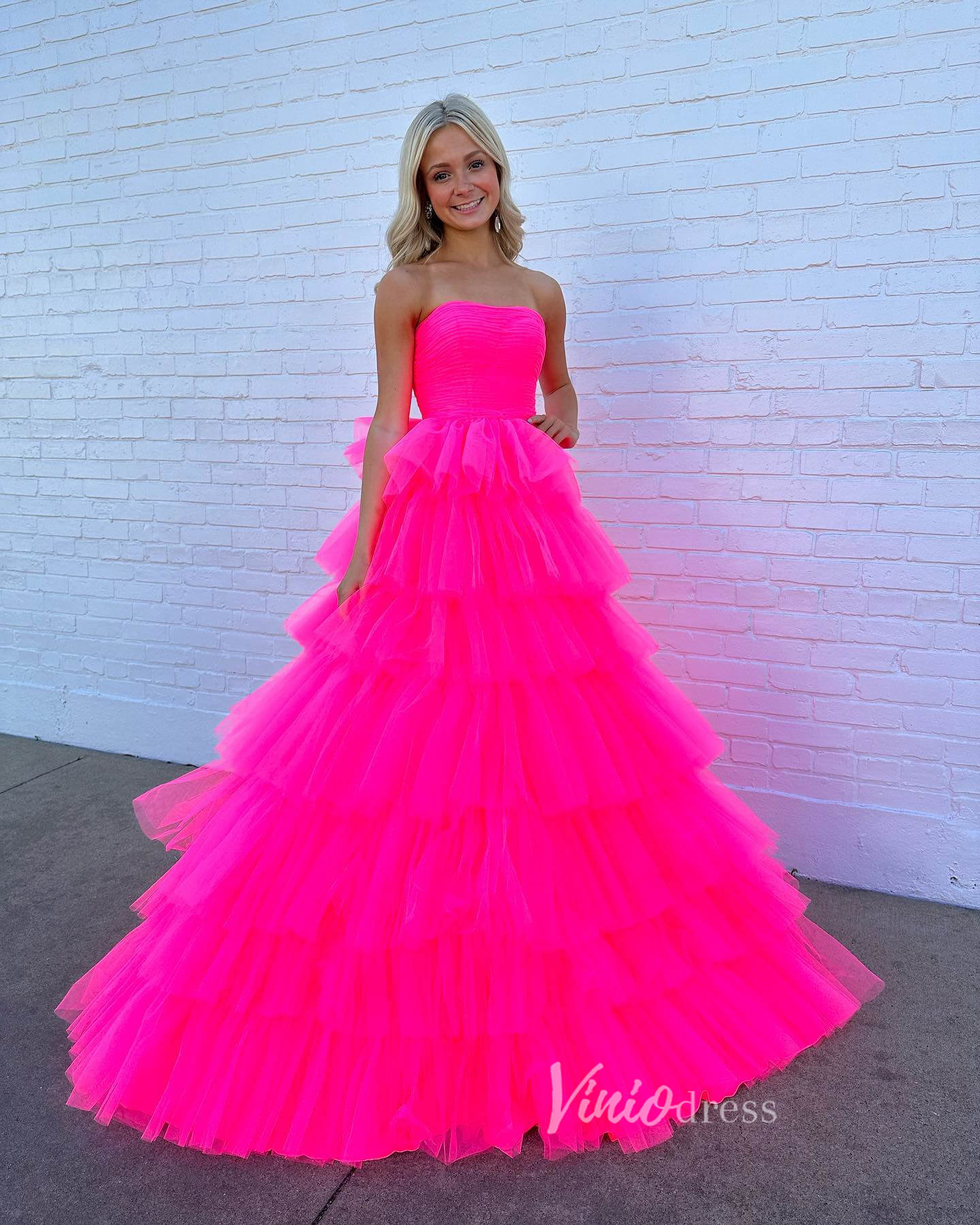 Fuchsia Strapless Tulle Ruffle Prom Dresses Tiered Ball Gown FD3605 - Viniodressprom dressesFuchsiaCustom Size - Formal Dresses - Ball Gowns