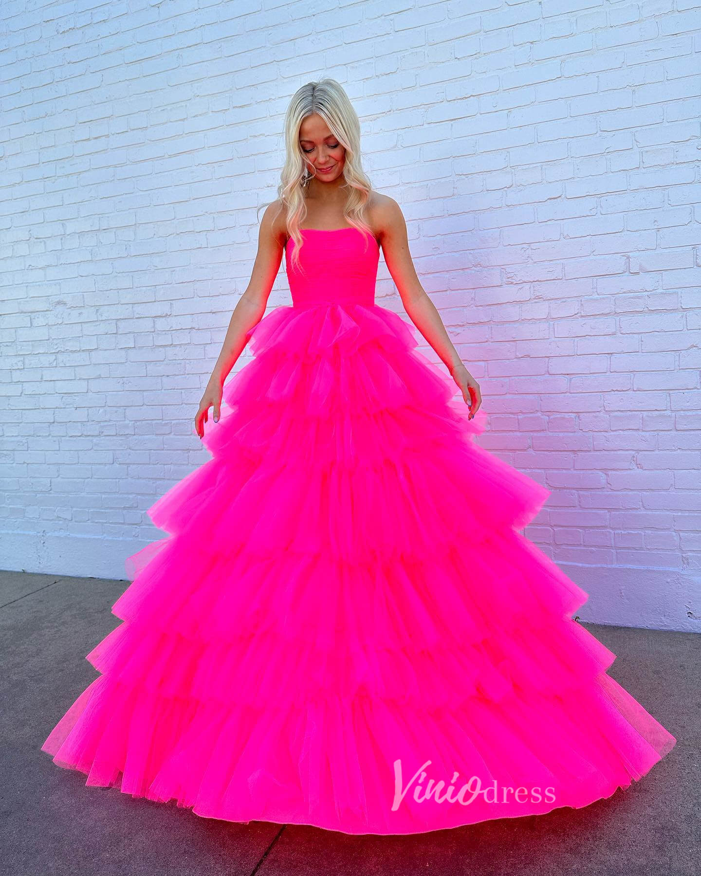 Fuchsia Strapless Tulle Ruffle Prom Dresses Tiered Ball Gown FD3605 - Viniodressprom dressesFuchsiaCustom Size - Formal Dresses - Ball Gowns