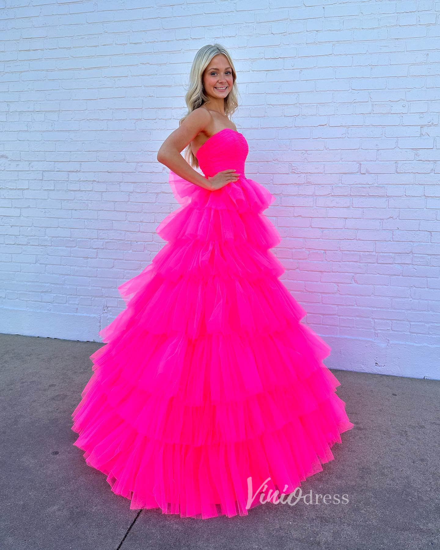 Fuchsia Strapless Tulle Ruffle Prom Dresses Tiered Ball Gown FD3605 - Viniodressprom dressesFuchsiaCustom Size - Formal Dresses - Ball Gowns