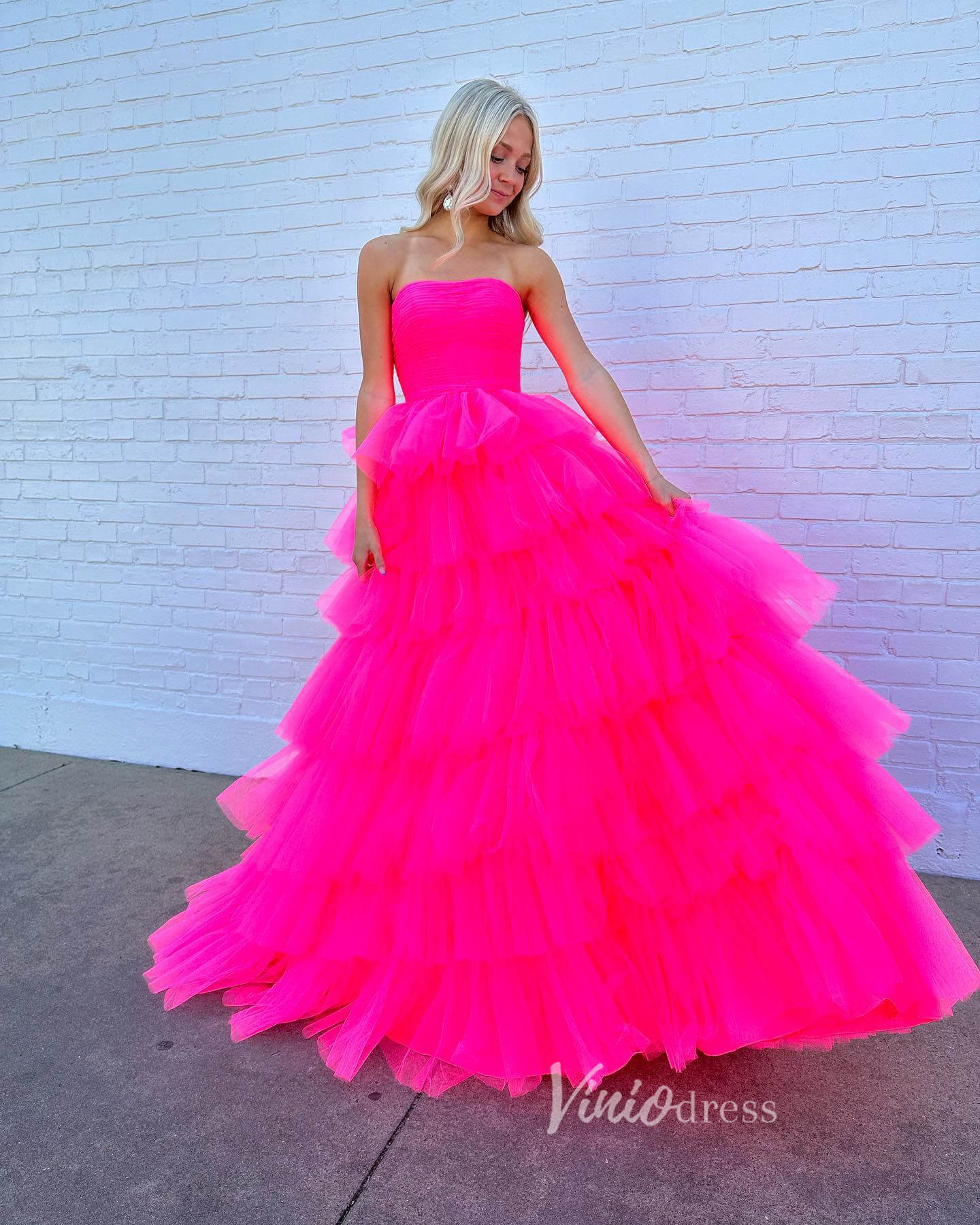 Fuchsia Strapless Tulle Ruffle Prom Dresses Tiered Ball Gown FD3605 - Viniodressprom dressesFuchsiaCustom Size - Formal Dresses - Ball Gowns