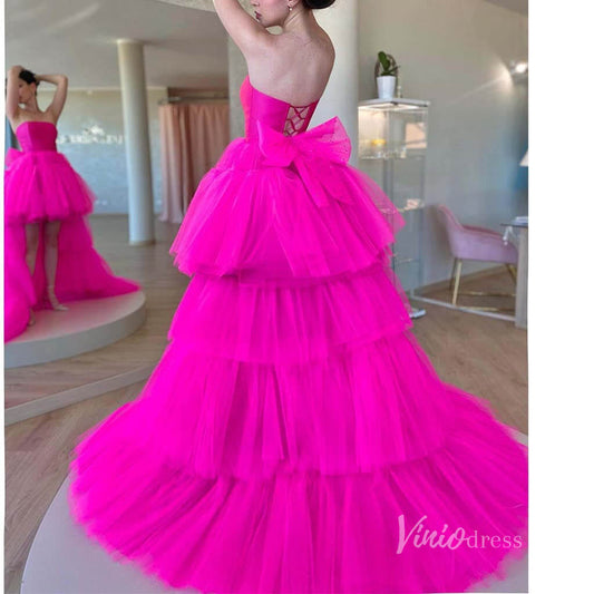 Prom Dress 2025 Fuchsia Tulle High Low Prom Dresses Strapless Tiered Ruffle Ball Gowns FD3690-unique prom dresses-Fuchsia-Custom Size-Viniodress