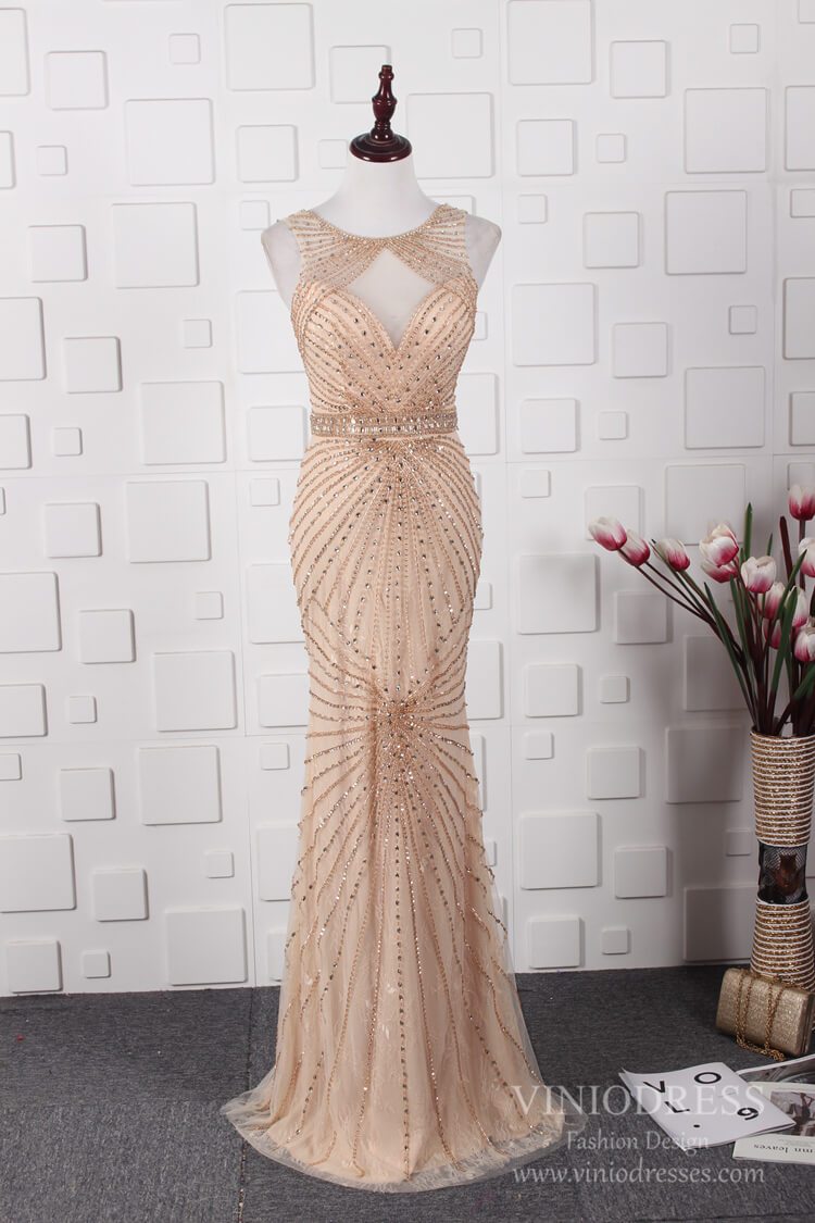 Prom Dress 2025 Fully Beaded Pale Mauve Prom Dresses Sparkly Long Evening Dress FD2489-unique prom dresses-Gold-Custom Size-Viniodress