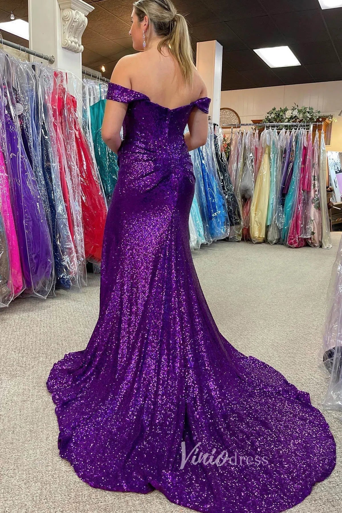 Glamorous Off the Shoulder Mermaid Sequin Prom Dress with Slit FD3493 - Viniodressprom dressesPurpleCustom Size - Formal Dresses - Ball Gowns