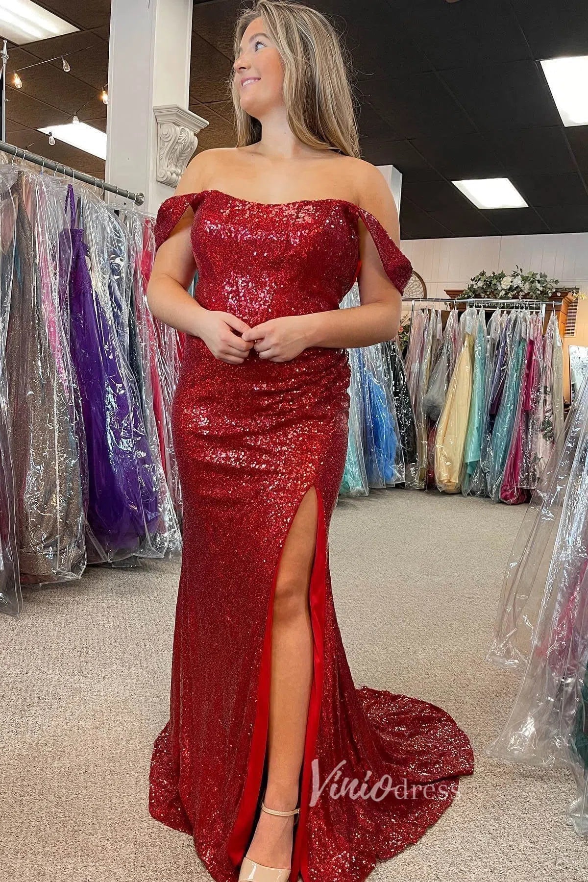 Glamorous Off the Shoulder Mermaid Sequin Prom Dress with Slit FD3493 - Viniodressprom dressesRedCustom Size - Formal Dresses - Ball Gowns