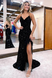 Prom Dress 2025 Glamorous Sequin Mermaid Prom Dress with Feather, Spaghetti Strap, and Slit FD3463-unique prom dresses-Black-Custom Size-Viniodress