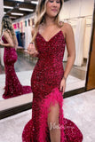 Prom Dress 2025 Glamorous Sequin Mermaid Prom Dress with Feather, Spaghetti Strap, and Slit FD3463-unique prom dresses-Burgundy-Custom Size-Viniodress