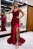 Prom Dress 2025 Glamorous Sequin Mermaid Prom Dress with Feather, Spaghetti Strap, and Slit FD3463-unique prom dresses-Burgundy-Custom Size-Viniodress