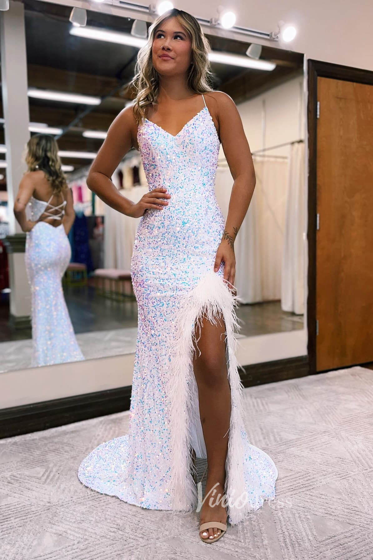 Glamorous Sequin Mermaid Prom Dress with Feather, Spaghetti Strap, and Slit FD3463 - Viniodressprom dressesWhiteCustom Size - Formal Dresses - Ball Gowns