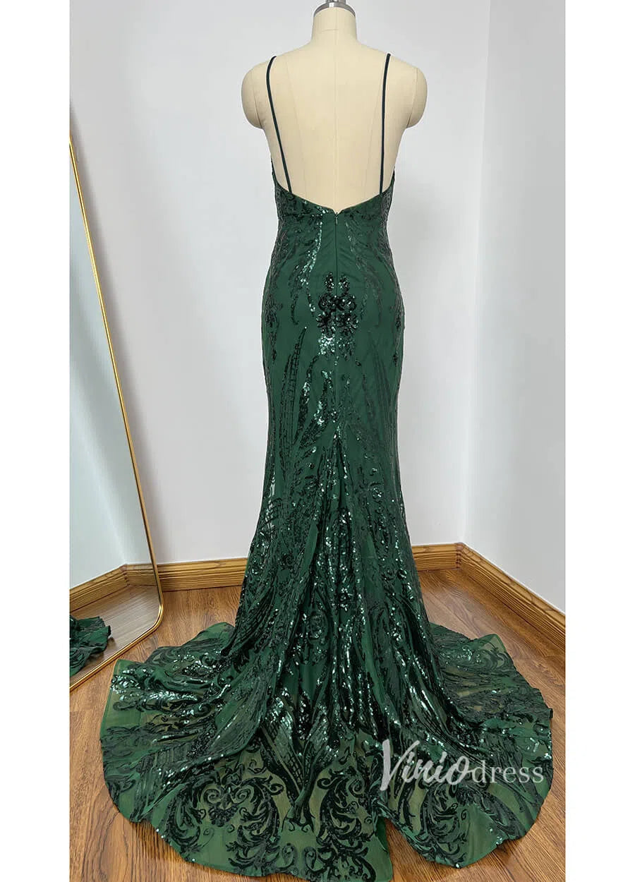 Prom Dress 2025 Glittering Dark Green Mermaid Prom Dresses Spaghetti Strap FD1550-unique prom dresses-Green-Custom Size-Viniodress