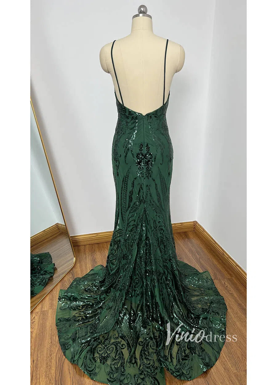 Prom Dress 2025 Glittering Dark Green Mermaid Prom Dresses Spaghetti Strap FD1550-unique prom dresses-Green-Custom Size-Viniodress