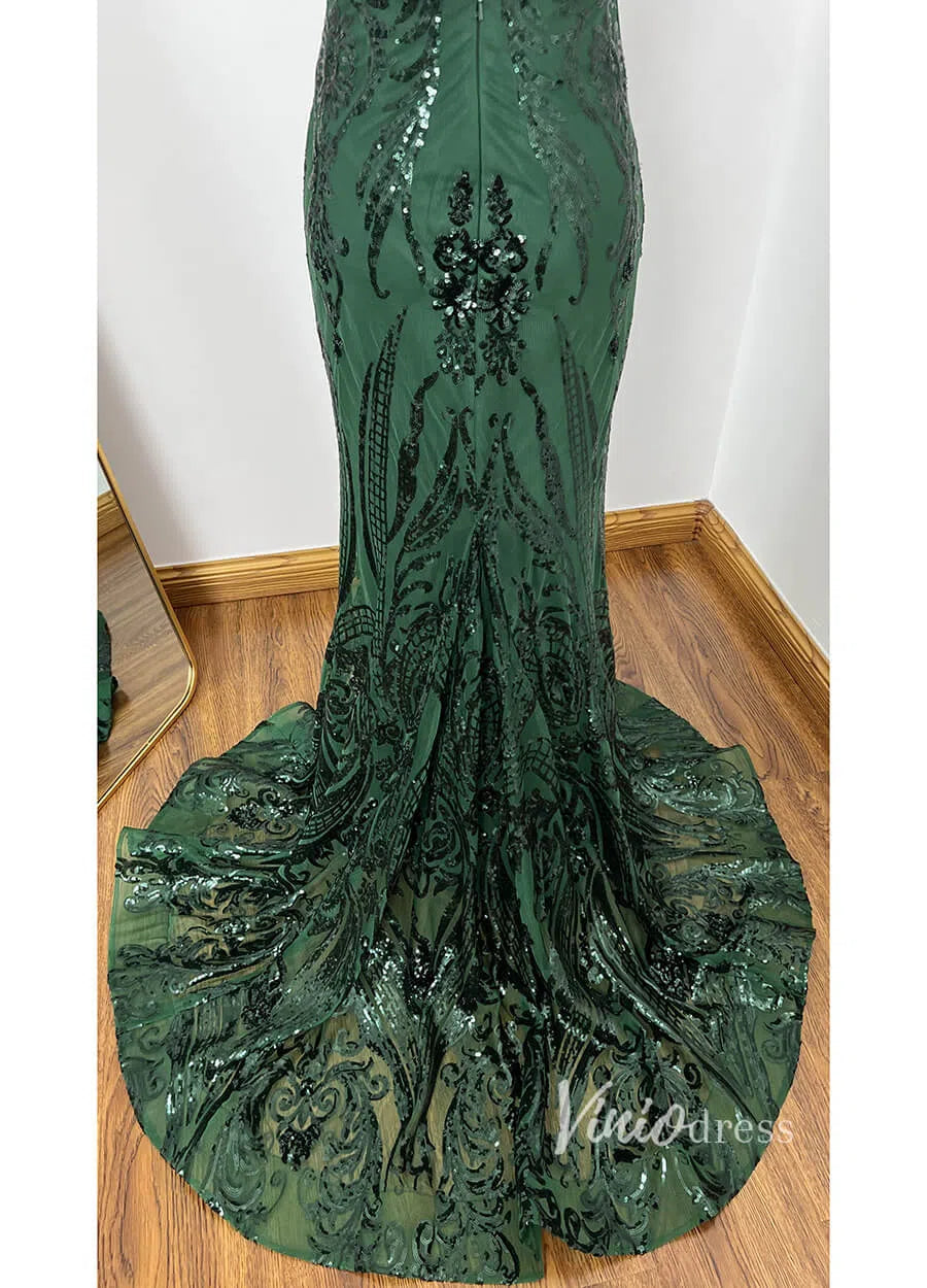 Prom Dress 2025 Glittering Dark Green Mermaid Prom Dresses Spaghetti Strap FD1550-unique prom dresses-Green-Custom Size-Viniodress