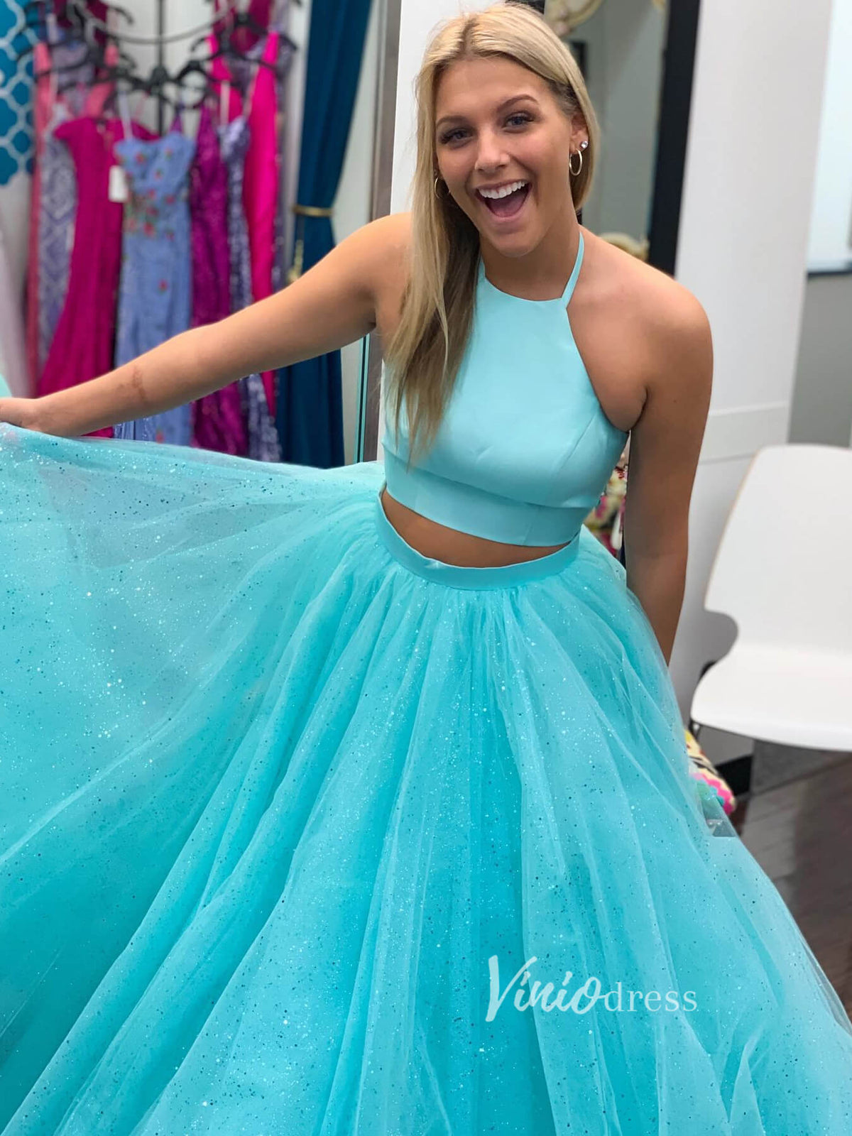 Prom Dress 2025 Glittery Aqua Blue Two Piece Prom Dresses Halter Neck FD2714-unique prom dresses-Aqua-Custom Size-Viniodress