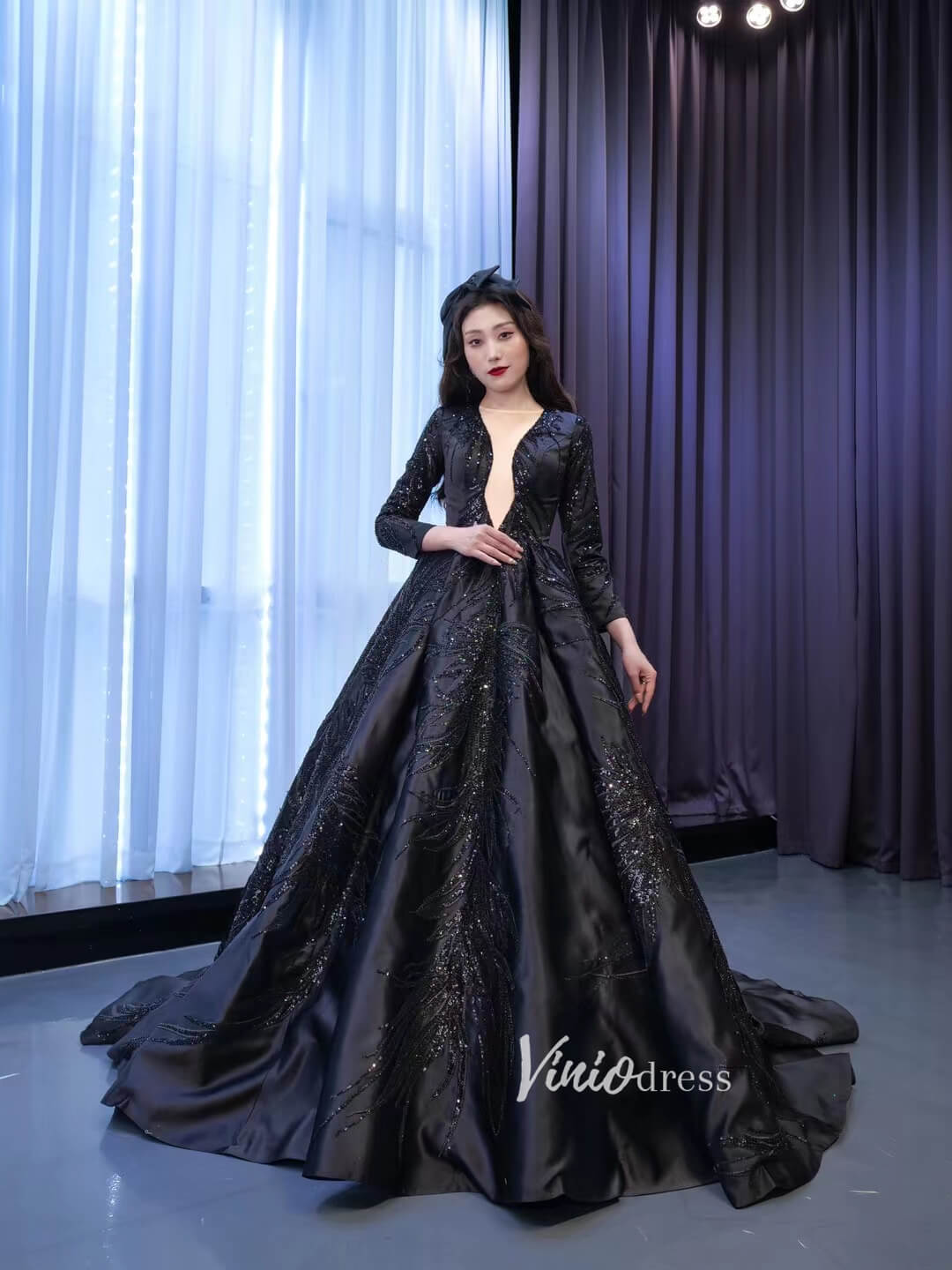 Prom Dress 2025 Glittery Black Wedding Dress Vintage Prom Ball Gown Long Sleeve 67500-unique prom dresses-Black-Custom Size-Viniodress