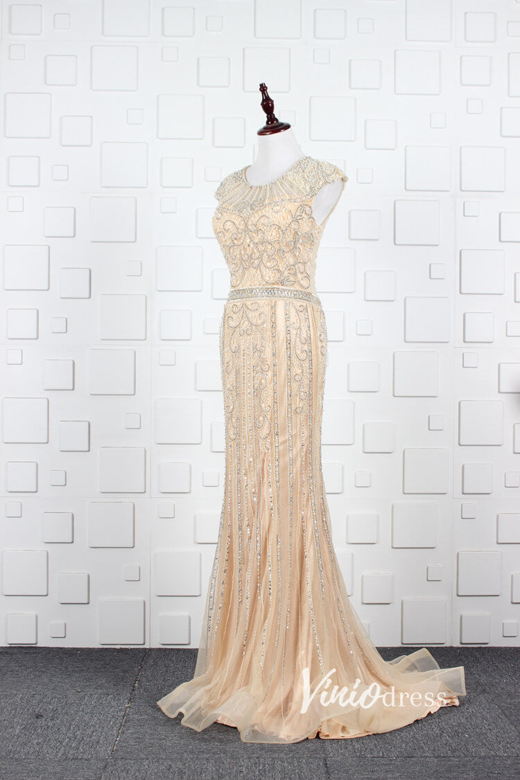 Prom Dress 2025 Gold Beaded Prom Dresses Sheath Formal Evening Dress FD2820-unique prom dresses-Gold-US 2-Viniodress