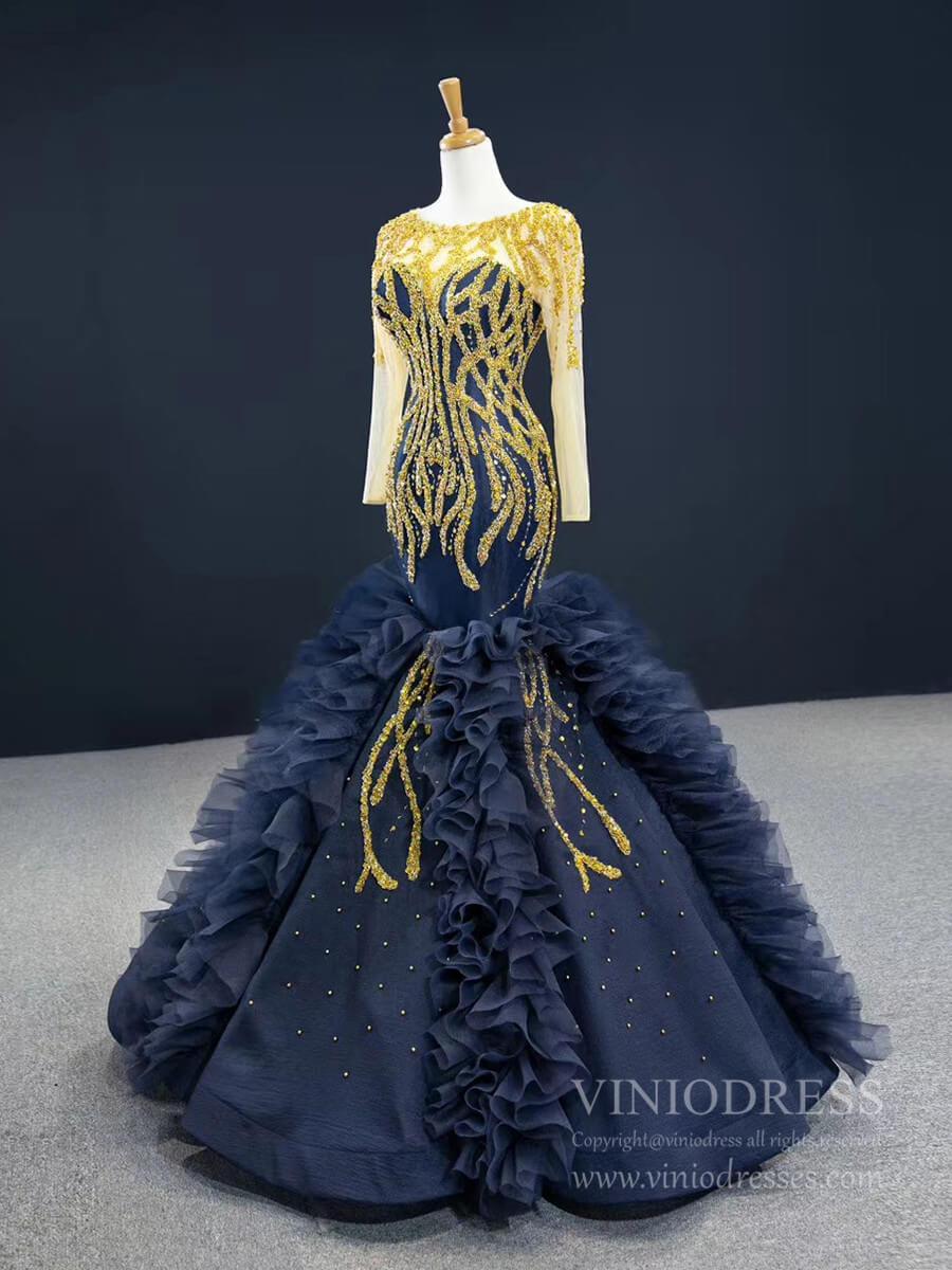 Prom Dress 2025 Gold Pageant Gown Navy Blue Mermaid Prom Dresses with Sleeves FD2426 viniodress-unique prom dresses-As Picture-Custom Size-Viniodress