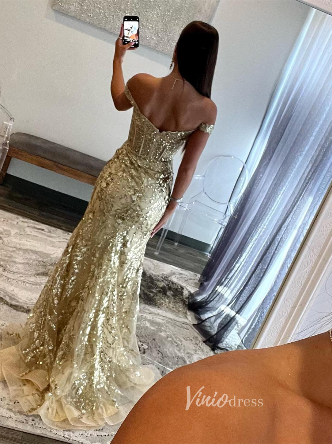 Prom Dress 2025 Gold Sequin Lace Mermaid Prom Dresses with Slit Off the Shoulder Evening Dress FD3627-unique prom dresses-Gold-Custom Size-Viniodress