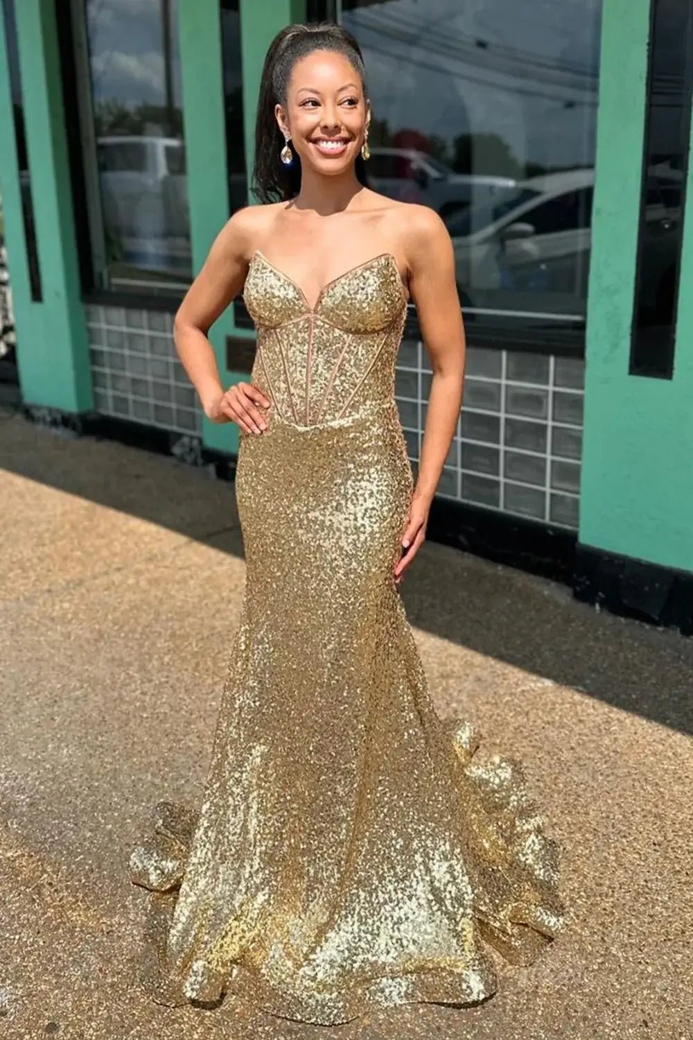 Gold Sequin Mermaid Prom Dress 2025 with Sweetheart Neck & Boned Bodice – FD5026 - Viniodressprom dressesGoldCustom Size - Formal Dresses - Ball Gowns