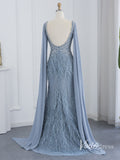 Prom Dress 2025 Gorgeous Beaded Mermaid Evening Dresses with Feathers Extra Long Sleeve Pageant Dress AD1166-unique prom dresses-Dusty Blue-US 2-Viniodress