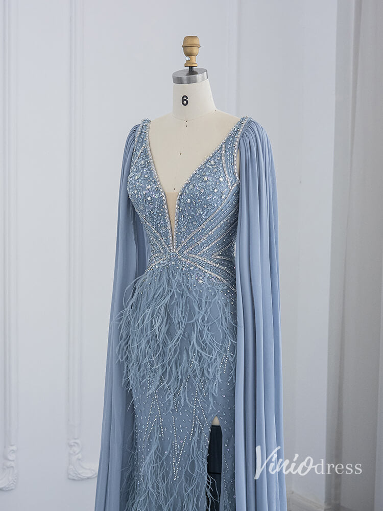 Prom Dress 2025 Gorgeous Beaded Mermaid Evening Dresses with Feathers Extra Long Sleeve Pageant Dress AD1166-unique prom dresses-Dusty Blue-US 2-Viniodress