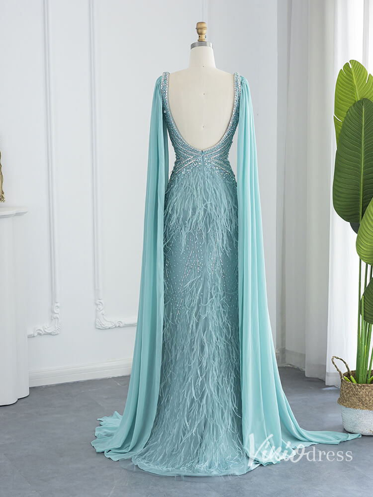 Prom Dress 2025 Gorgeous Beaded Mermaid Evening Dresses with Feathers Extra Long Sleeve Pageant Dress AD1166-unique prom dresses-Dusty Blue-US 2-Viniodress