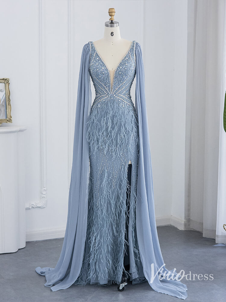 Prom Dress 2025 Gorgeous Beaded Mermaid Evening Dresses with Feathers Extra Long Sleeve Pageant Dress AD1166-unique prom dresses-Dusty Blue-US 2-Viniodress