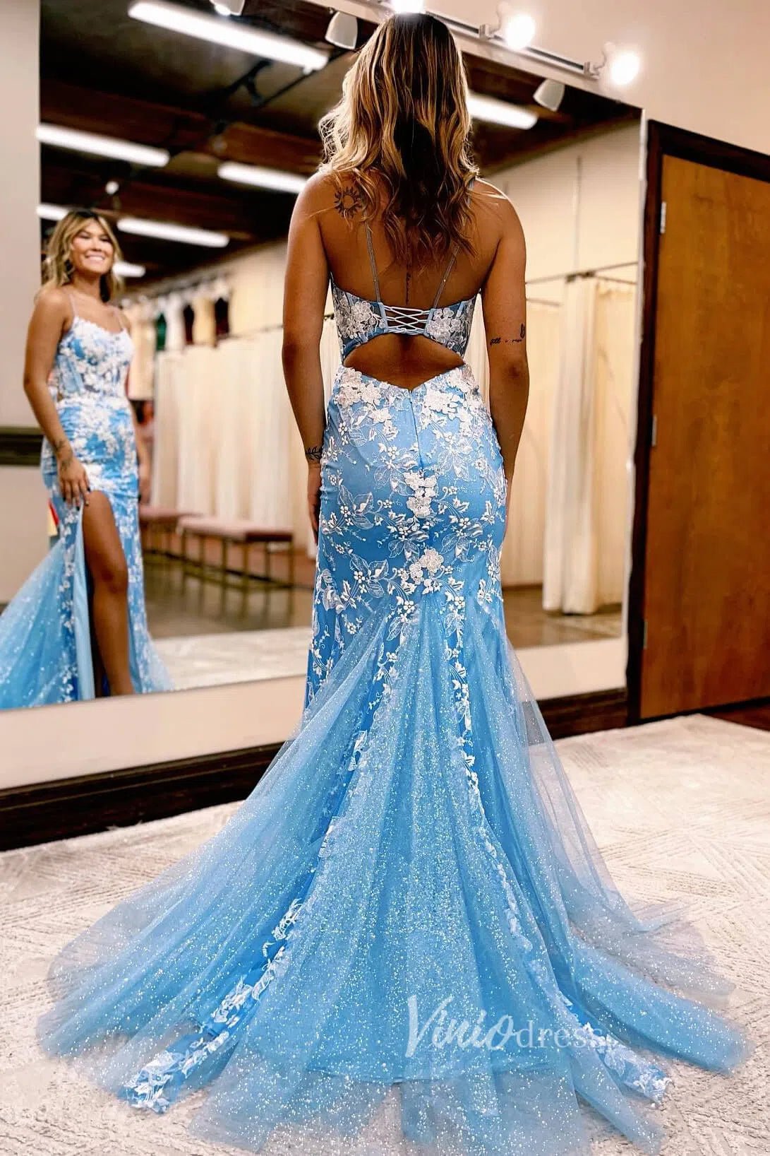 Gorgeous Light Blue Lace Applique Mermaid Prom Dress with Spaghetti Straps and High Slit FD3460 - Viniodressprom dressesLight BlueCustom Size - Formal Dresses - Ball Gowns