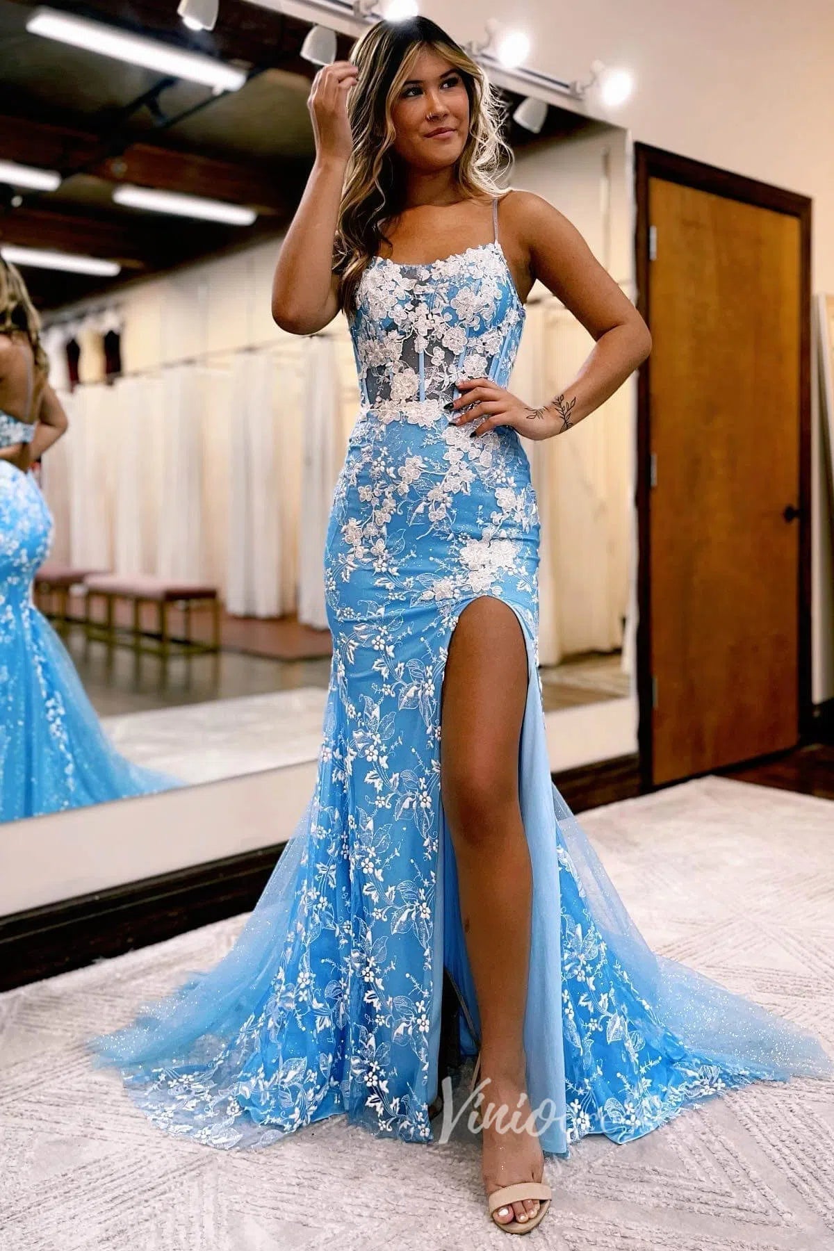 Gorgeous Light Blue Lace Applique Mermaid Prom Dress with Spaghetti Straps and High Slit FD3460 - Viniodressprom dressesLight BlueCustom Size - Formal Dresses - Ball Gowns