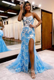 Prom Dress 2025 Gorgeous Light Blue Lace Applique Mermaid Prom Dress with Spaghetti Straps and High Slit FD3460-unique prom dresses-Light Blue-Custom Size-Viniodress