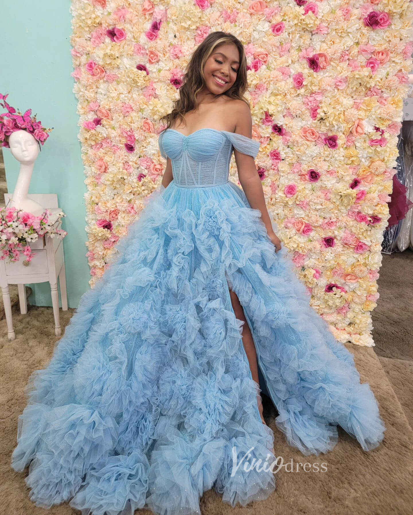 Gorgeous Pleated Ruffle Prom Dresses with Slit Off the Shoulder Ball Gown FD3626 - Viniodressprom dressesLight BlueCustom Size - Formal Dresses - Ball Gowns