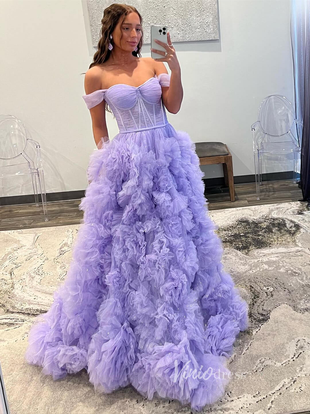 Gorgeous Pleated Ruffle Prom Dresses with Slit Off the Shoulder Ball Gown FD3626 - Viniodressprom dressesLavenderCustom Size - Formal Dresses - Ball Gowns