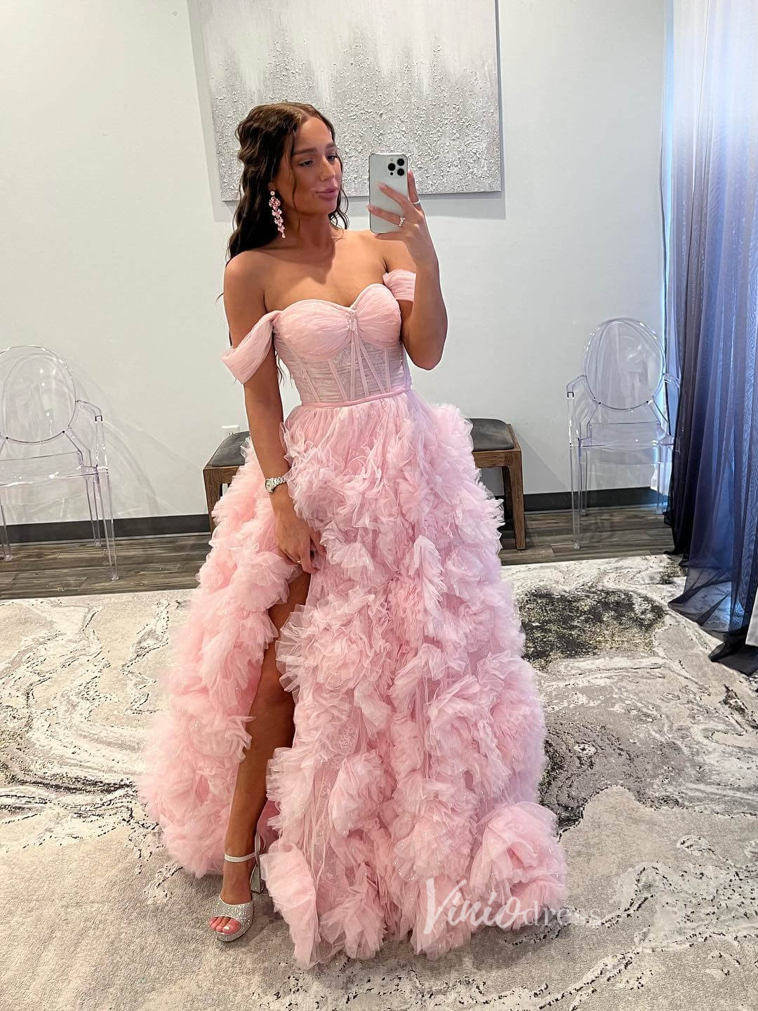 Gorgeous Pleated Ruffle Prom Dresses with Slit Off the Shoulder Ball Gown FD3626 - Viniodressprom dressesPinkCustom Size - Formal Dresses - Ball Gowns