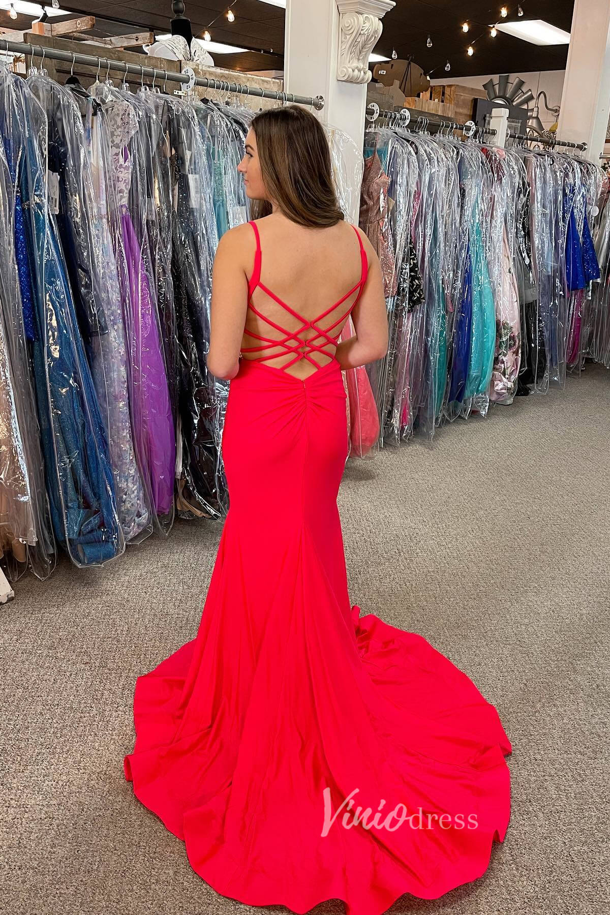 Graceful Red Mermaid Prom Dress with V - Neck and Spaghetti Strap FD3479 - Viniodressprom dressesRedCustom Size - Formal Dresses - Ball Gowns