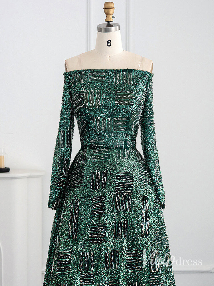 Prom Dress 2025 Green Beaded Evening Dresses Off the Shoulder Long Sleeve Formal Dress AD1164-unique prom dresses-Green-US 2-Viniodress