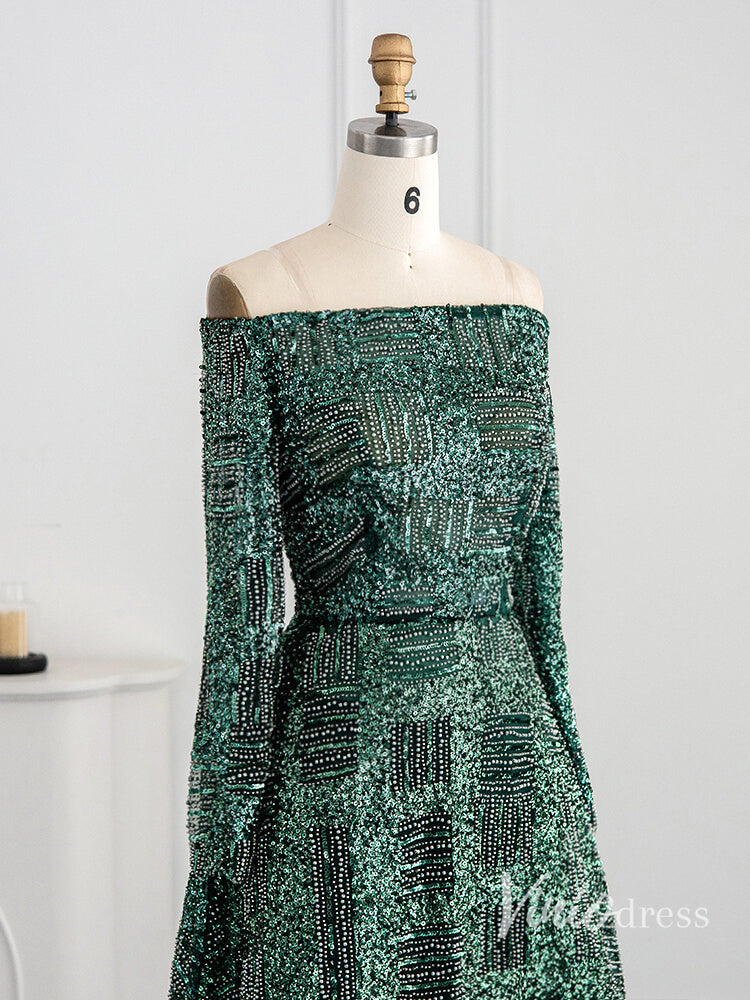 Prom Dress 2025 Green Beaded Evening Dresses Off the Shoulder Long Sleeve Formal Dress AD1164-unique prom dresses-Green-US 2-Viniodress