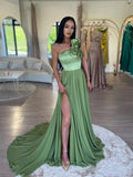 Green Chiffon One Shoulder Prom Dresses 2025 High Slit 3D Flower Formal Dress FD5227