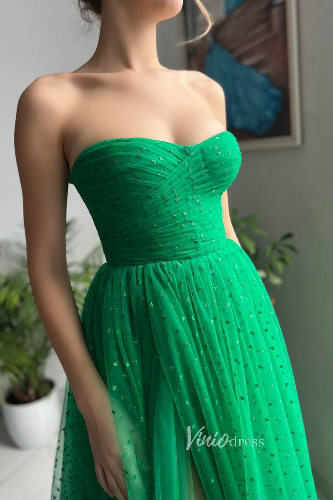 Prom Dress 2025 Green Dotted Prom Dresses Strapless Long Formal Dresses FD2988-unique prom dresses-Green-Custom Size-Viniodress