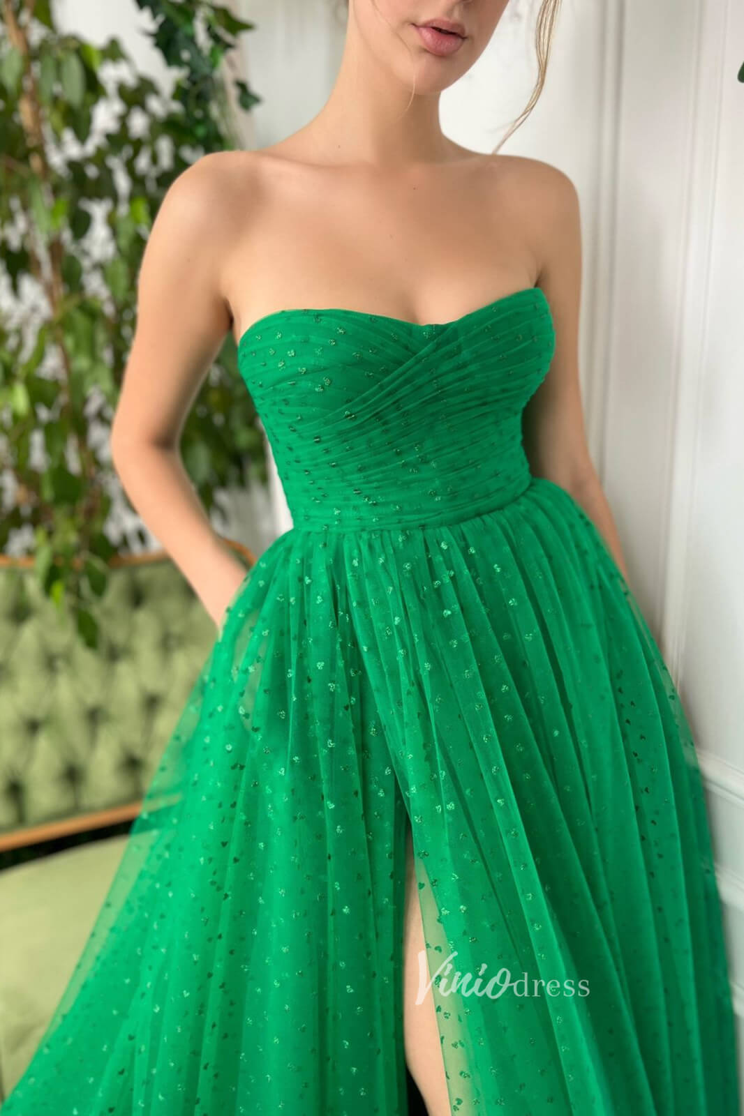 Prom Dress 2025 Green Dotted Prom Dresses Strapless Long Formal Dresses FD2988-unique prom dresses-Green-Custom Size-Viniodress