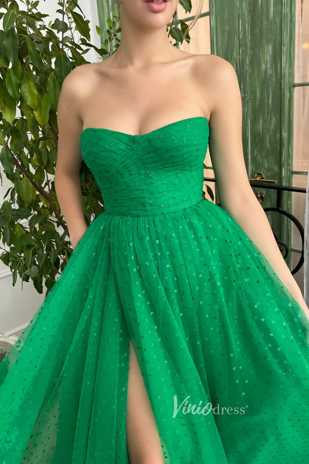 Prom Dress 2025 Green Dotted Prom Dresses Strapless Long Formal Dresses FD2988-unique prom dresses-Green-Custom Size-Viniodress