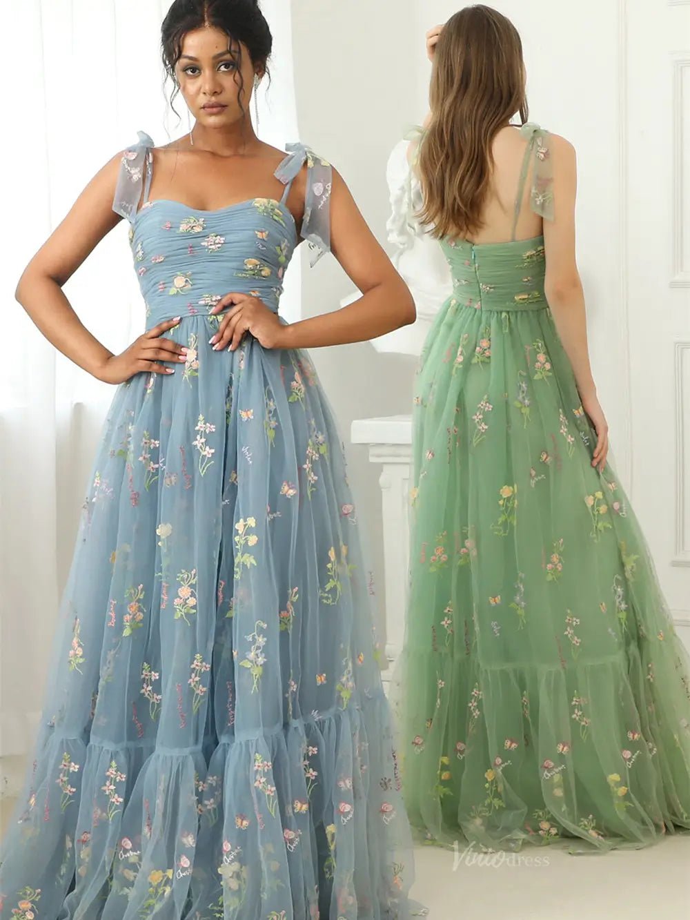 Green Floral Lace Prom Dresses Spaghetti Strap Formal Gown FD4080 - Viniodressprom dressesGreenCustom Size - Formal Dresses - Ball Gowns