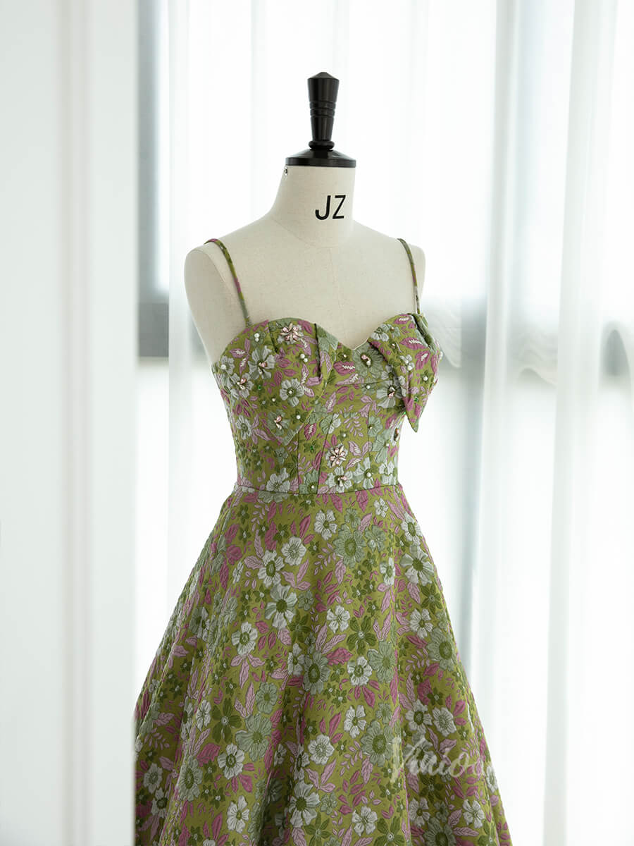 Green Floral Print Prom Dresses Spaghetti Strap Formal Dress AD1076-prom dresses-Viniodress-Viniodress