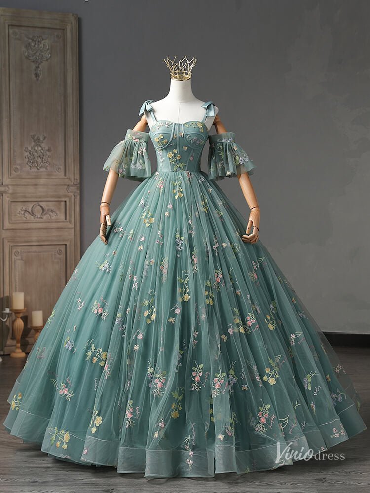 Green Lace Applique Prom Ball Gown Removable Puffed Sleeve Quinceanera Dresses BG055 - Viniodressprom dressesGreenCustom Size - Formal Dresses - Ball Gowns