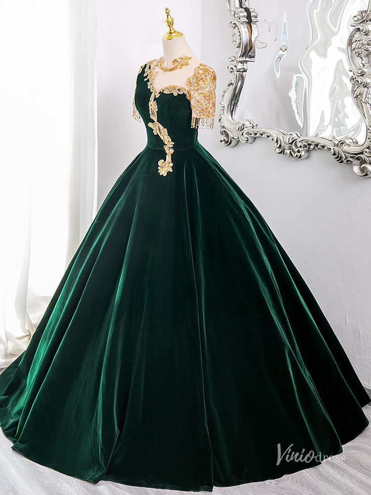 Prom Dress 2025 Green Lace Applique Velvet Prom Ball Gown Short Sleeve Tassels Quinceanera Dresses BG009-unique prom dresses-Green-Custom Size-Viniodress