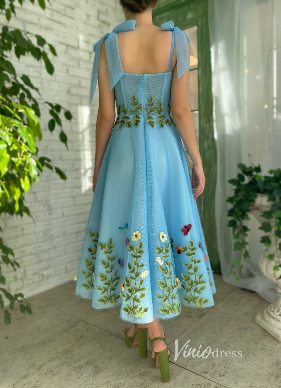 Short Prom Dresses 2025 Green Leaf Blue Prom Dress with Pockets Floral Maxi Dress SD1440-prom dresses-Viniodress-Blue-Custom Size-Viniodress