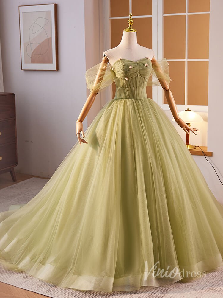 Green Off the Shouler Tulle Prom Dresses 2024 Pleated 3D Flower Bodice 90024 - Viniodressprom dressesGreenCustom Size - Formal Dresses - Ball Gowns