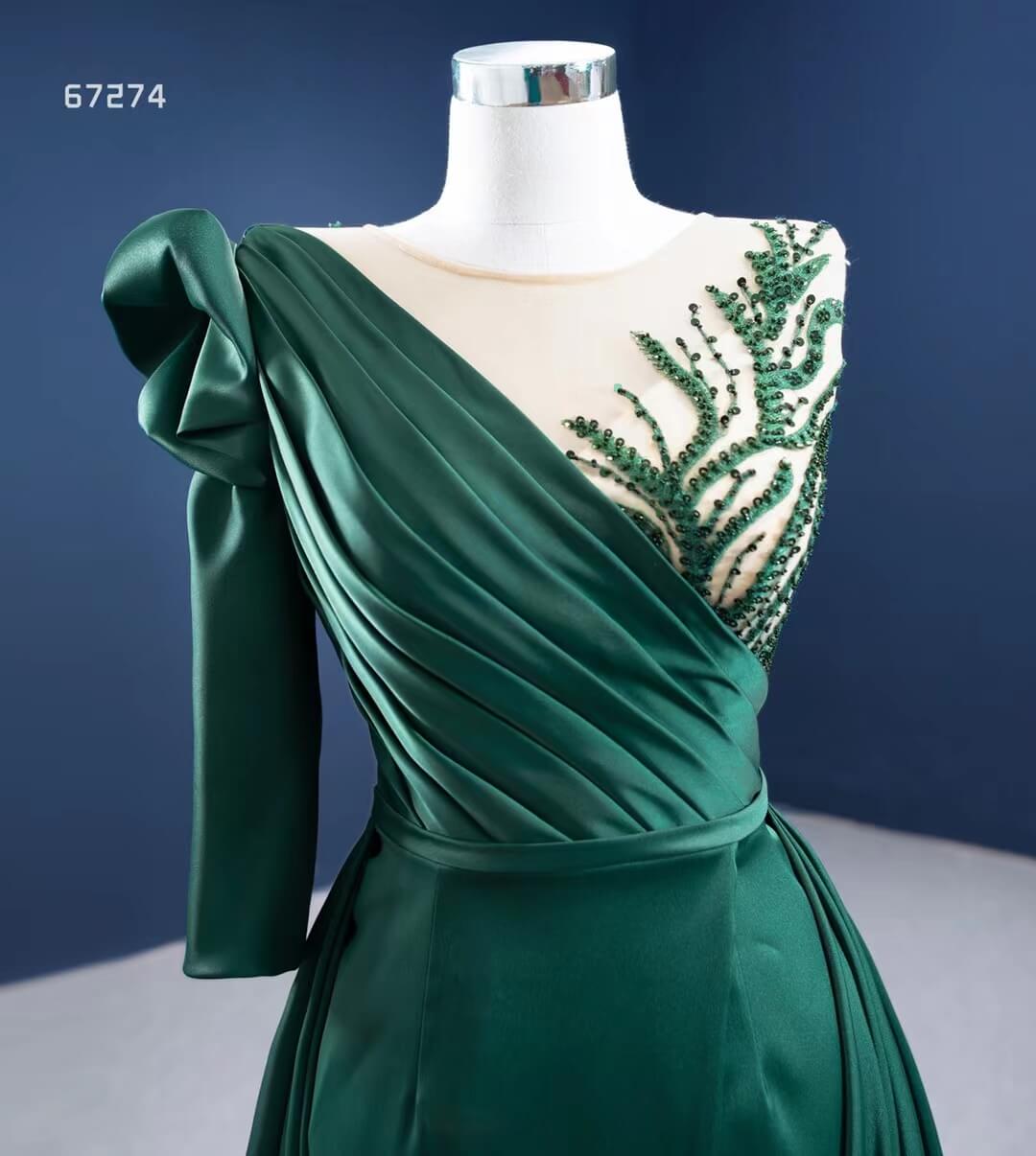 Prom Dress 2025 Green Overskirt Prom Dresses with One Shoulder Long Sleeve 67274 viniodress-unique prom dresses-Emerald Green-Custom Size-Viniodress