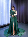 Prom Dress 2025 Green Overskirt Prom Dresses with One Shoulder Long Sleeve 67274 viniodress-unique prom dresses-Emerald Green-Custom Size-Viniodress