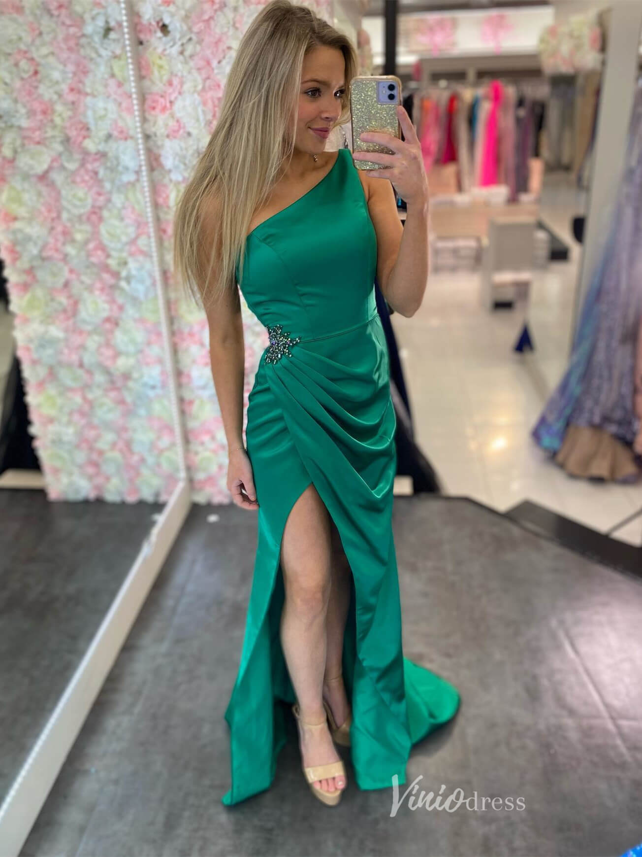 Green Pleated Satin Mermaid Prom Dresses with Slit One Shoulder FD2684 - Viniodressprom dressesGreenCustom Size - Formal Dresses - Ball Gowns