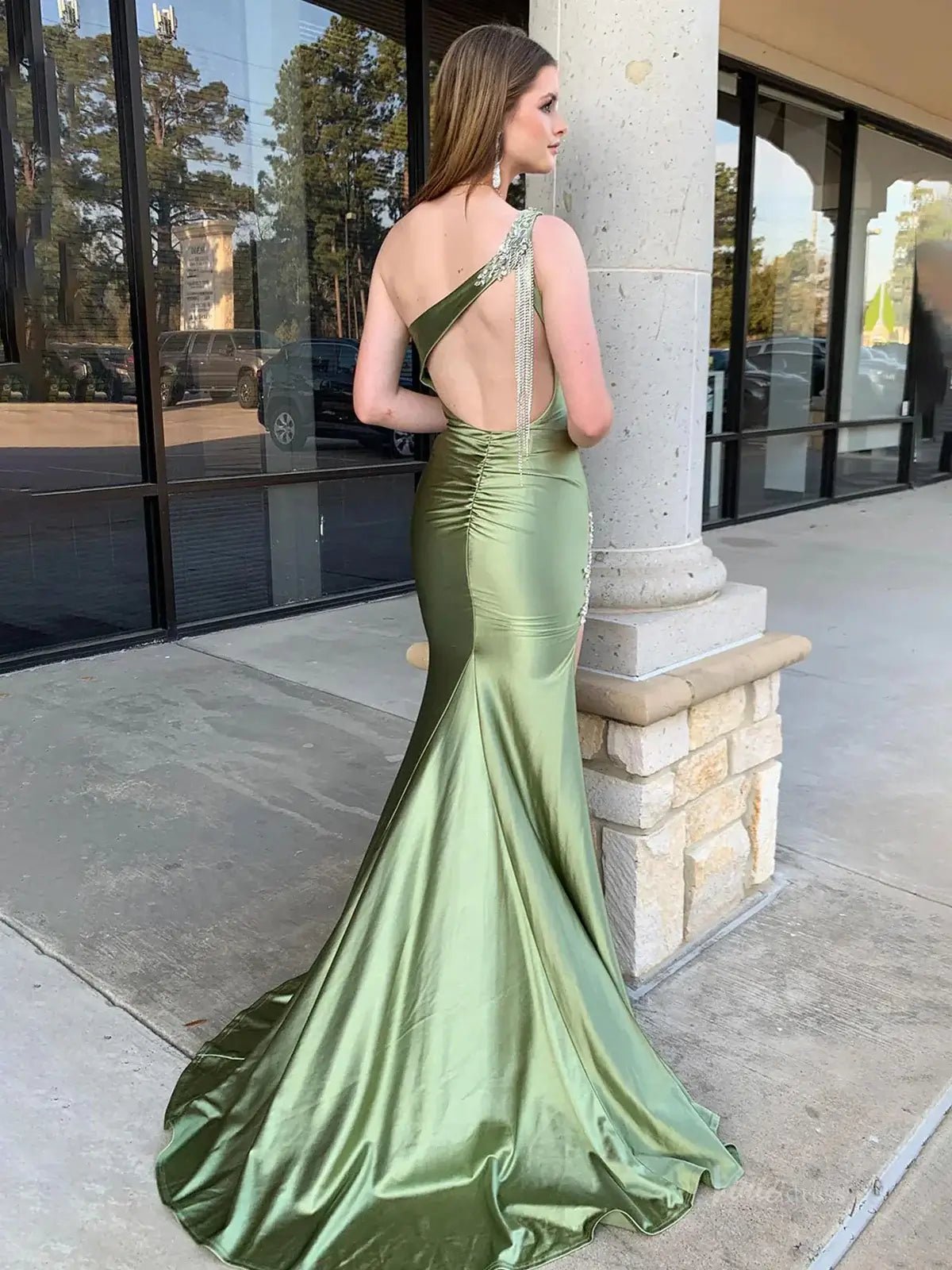 Green Satin Mermaid Prom Dresses 2025 with Slit, Beaded Lace & One Shoulder – FD5057 - Viniodressprom dressesGreenCustom Size - Formal Dresses - Ball Gowns